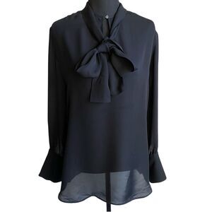 Nili Lotan Silk Blouse L Black Bow Tie Long Sleeve Career Classic Academia Party